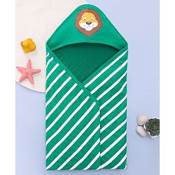 Babyhug Terry Knit Hooded Wrapper With Striped & Lion Print L 73 x B 73 cm - Green