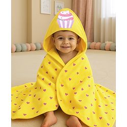 Babyhug 100% Cotton Terry Knit Hooded Towel With Ice Cream & Heart Print L 75 x B 71 cm - Yellow