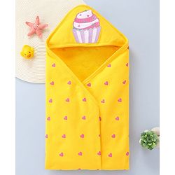 Babyhug 100% Cotton Terry Knit Hooded Towel With Ice Cream & Heart Print L 75 x B 71 cm - Yellow