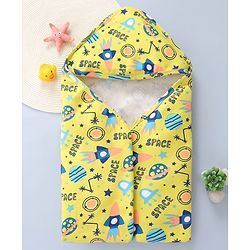 Babyhug Interlock Knit Hooded Wrapper with Space Theme Print L 76 x B 76 cm - Yellow