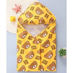 Babyhug Interlock Knit Hooded Wrapper with Bear Print L 76 x B 76 cm - Yellow