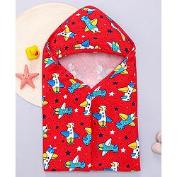 Babyhug Interlock Knit Hooded Towel with Airplane Printed L 76.2 x B 76.2 cm - Red