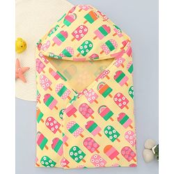 Babyhug Interlock Knit Hooded Wrapper with Popsicle Print L 76.2 x B 76.2 cm - Yellow
