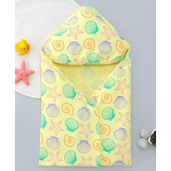 Babyhug Interlock Knit Hooded Wrapper with Sea Life Print L 76.2 x B 76.2 cm - Yellow