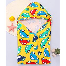 Babyhug Interlock Knit Hooded Towel with Car Print L 76.2 x B 76.2 cm - Yellow