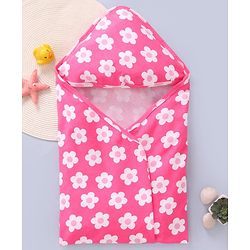 Babyhug Interlock Knit Wrapper With Floral Print & Hood L 76 X B 76 cm- Dark Pink