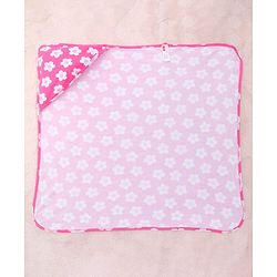 Babyhug Interlock Knit Wrapper With Floral Print & Hood L 76 X B 76 cm- Dark Pink