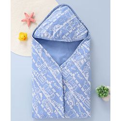 Babyhug Interlock Knit Hooded Wrapper with Vehicle Traffic Print L 76 x B 76 cm - Light Blue