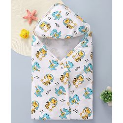 Babyhug Interlock Knit Hooded Wrapper with Animal Print L 76 x B 76 cm - White