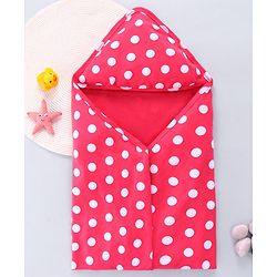 Babyhug 100% Cotton Interlock Knit Polka Dots Hooded Towel L 76 x B 76 cm - Dark Pink
