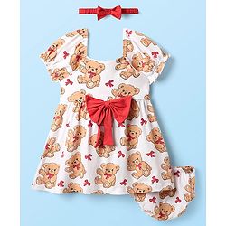 Babyhug Single Jersey Knit Teddy Bear Print Frock With Bloomers & Headband - White