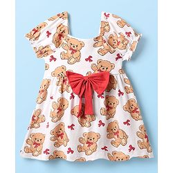 Babyhug Single Jersey Knit Teddy Bear Print Frock With Bloomers & Headband - White