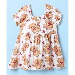 Babyhug Single Jersey Knit Teddy Bear Print Frock With Bloomers & Headband - White