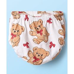 Babyhug Single Jersey Knit Teddy Bear Print Frock With Bloomers & Headband - White