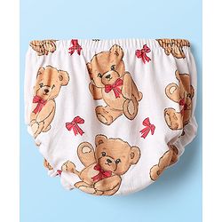 Babyhug Single Jersey Knit Teddy Bear Print Frock With Bloomers & Headband - White