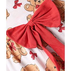 Babyhug Single Jersey Knit Teddy Bear Print Frock With Bloomers & Headband - White
