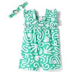 Babyhug Cotton Knit Sleeveless Printed Jumpsuit With Headband - Light Green