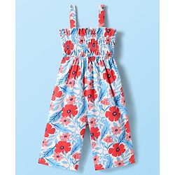 Babyhug Cotton Knit Sleeveless Jumpsuits With Floral Print - Red