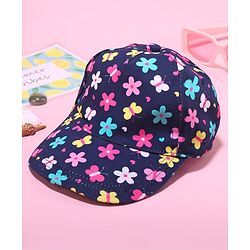 Babyhug 100% Cotton Woven Cap With Floral Print Navy Blue - Diameter 17 cm