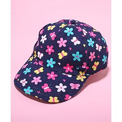 Babyhug 100% Cotton Woven Cap With Floral Print Navy Blue - Diameter 17 cm