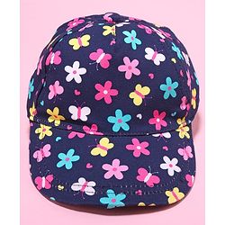 Babyhug 100% Cotton Woven Cap With Floral Print Navy Blue - Diameter 17 cm