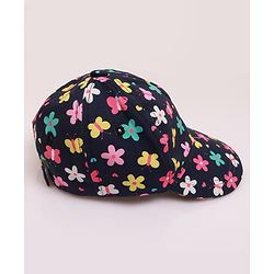 Babyhug 100% Cotton Woven Cap With Floral Print Navy Blue - Diameter 17 cm