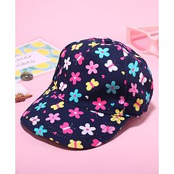 Babyhug 100% Cotton Woven Cap With Floral Print Navy Blue - Diameter 17 cm