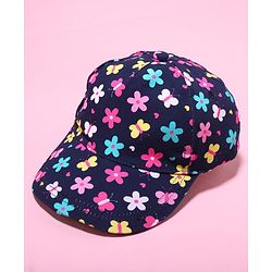 Babyhug 100% Cotton Woven Cap With Floral Print Navy Blue - Diameter 17 cm