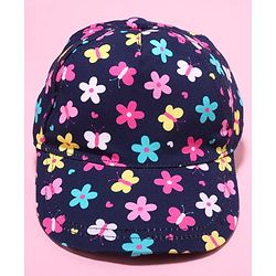 Babyhug 100% Cotton Woven Cap With Floral Print Navy Blue - Diameter 17 cm