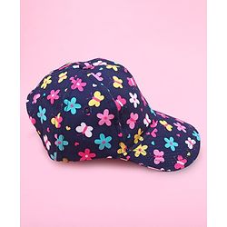 Babyhug Cotton Woven Cap With Floral Print Navy Blue - Diameter 17.5 cm