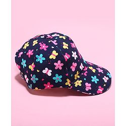 Babyhug 100% Cotton Woven Cap With Floral Print Navy Blue - Diameter 17 cm