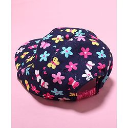 Babyhug Cotton Woven Cap With Floral Print Navy Blue - Diameter 17.5 cm
