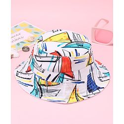 Babyhug Two Layer Bucket Hat with Abstract Print White Orange & Blue - Diameter 18 cm