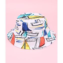Babyhug Two Layer Bucket Hat with Abstract Print White Orange & Blue - Diameter 18 cm