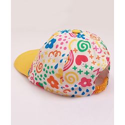Babyhug Cotton Woven Cap With Floral Print Yellow - Diameter 46 cm