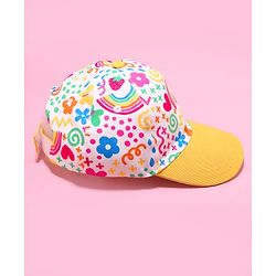 Babyhug Cotton Woven Cap With Floral Print Yellow - Diameter 46 cm