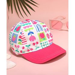 Babyhug Cotton Woven Summer Cap with Floral Print Pink - Diameter 48 cm