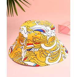 Babyhug Cotton Woven Two Layer Bucket Hat with Beach Theme Print Yellow - Diameter 17 cm