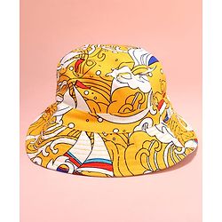 Babyhug 100% Cotton Woven Two Layer Bucket Hat with Beach Theme Print Yellow - Diameter 17 cm