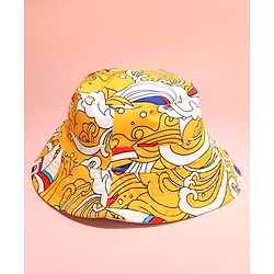 Babyhug 100% Cotton Woven Two Layer Bucket Hat with Beach Theme Print Yellow - Diameter 17 cm