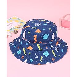 Babyhug Two Layer Bucket Hat with Sea Life Print Navy Blue - Diameter 20 cm