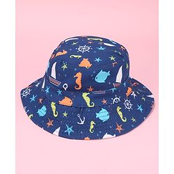 Babyhug Two Layer Bucket Hat with Sea Life Print Navy Blue - Diameter 20 cm
