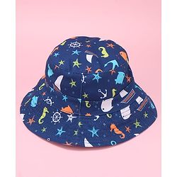 Babyhug Two Layer Bucket Hat with Sea Life Print Navy Blue - Diameter 20 cm