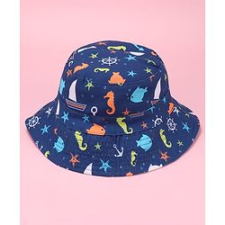 Babyhug Two Layer Bucket Hat with Sea Life Print Navy Blue - Diameter 20 cm