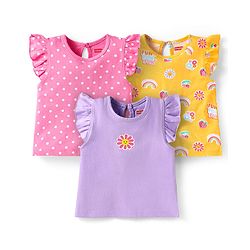 Babyhug Cotton Knit Frill Sleeves T-Shirts with Polka Dots & Floral Print Pack of 3 - Purple & Pink