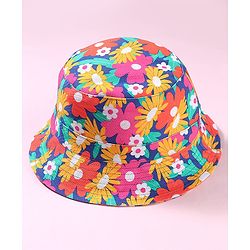 Babyhug Cotton Woven Two Layer Bucket Hat with Floral Print Blue - Diameter 15 cm