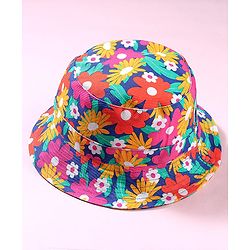 Babyhug Cotton Woven Two Layer Bucket Hat with Floral Print Blue - Diameter 15 cm