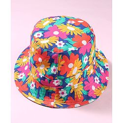Babyhug Cotton Woven Two Layer Bucket Hat with Floral Print Blue - Diameter 15 cm