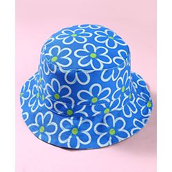 Babyhug Cotton Woven Two Layer Bucket Hat with Floral Print Blue - Diameter 17 cm