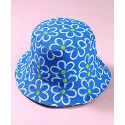 Babyhug Cotton Woven Two Layer Bucket Hat with Floral Print Blue - Diameter 17 cm